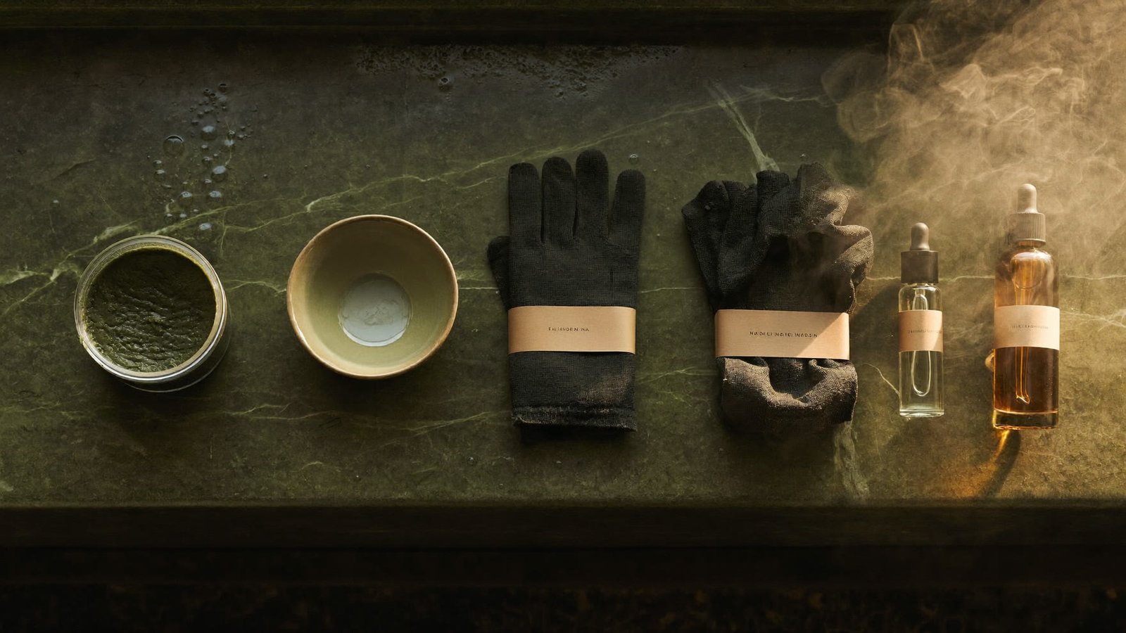 Les cinq produits du rituel alignés dans l'ordre sur un banc de pierre olive humide : savon noir, gant, ghassoul, eau de rose, huile d'argan